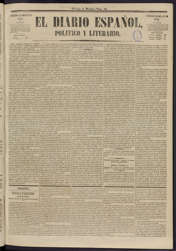 Miniatura de El Diario Español Político y Literario del 31 de julio de 1852, nº 52