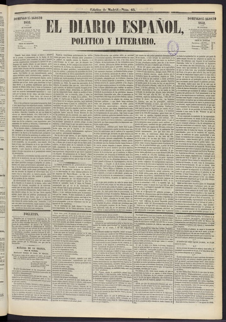 Miniatura de El Diario Español Político y Literario del 15 de agosto de 1852, nº 65