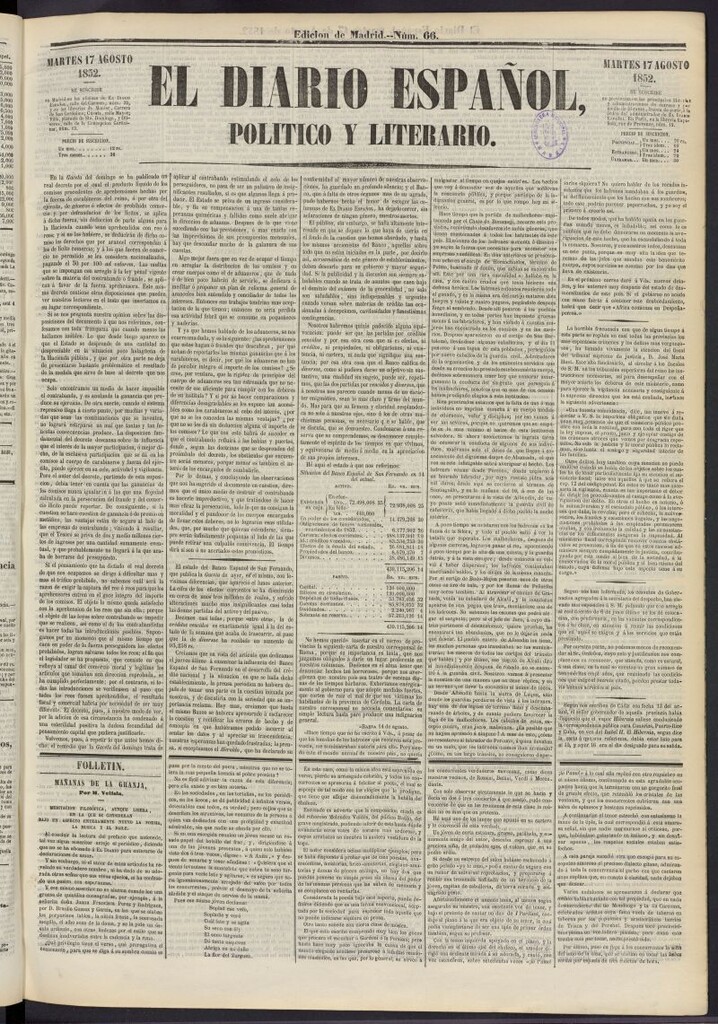 Miniatura de El Diario Español Político y Literario del 17 de agosto de 1852, nº 66