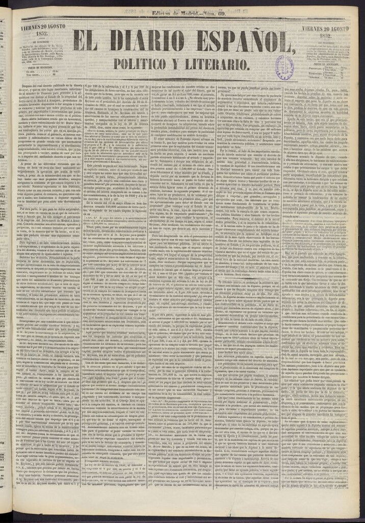 Miniatura de El Diario Español Político y Literario del 20 de agosto de 1852, nº 69