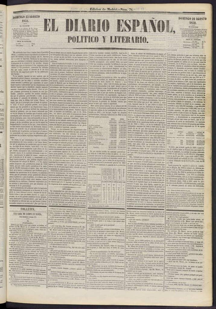 Miniatura de El Diario Español Político y Literario del 22 de agosto de 1852, nº 71
