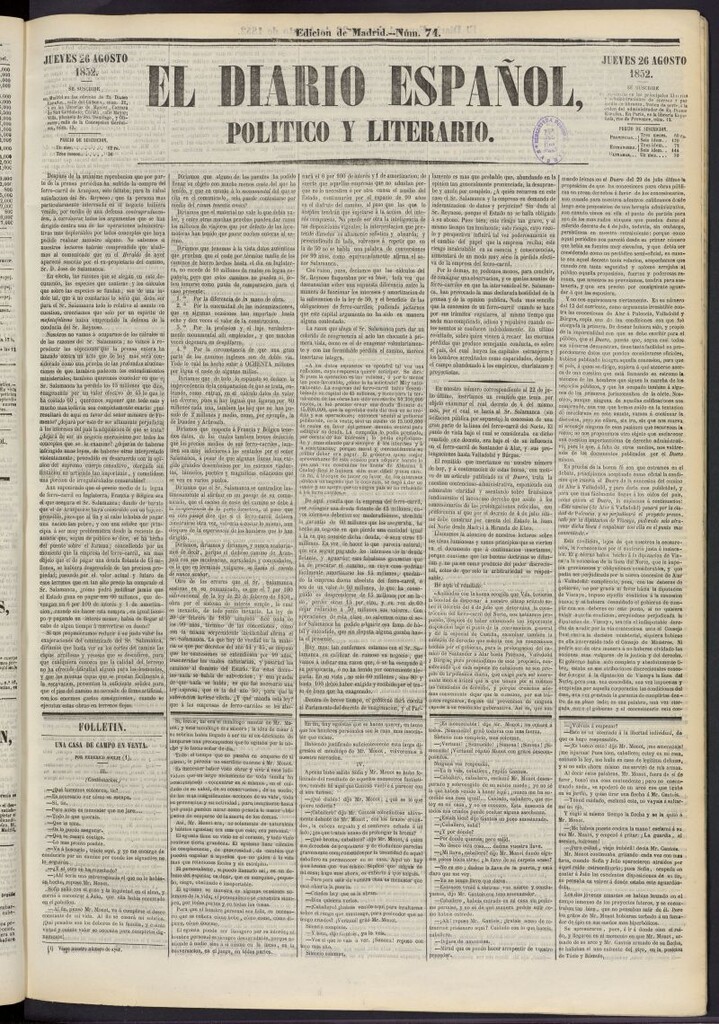 Miniatura de El Diario Español Político y Literario del 26 de agosto de 1852, nº 74