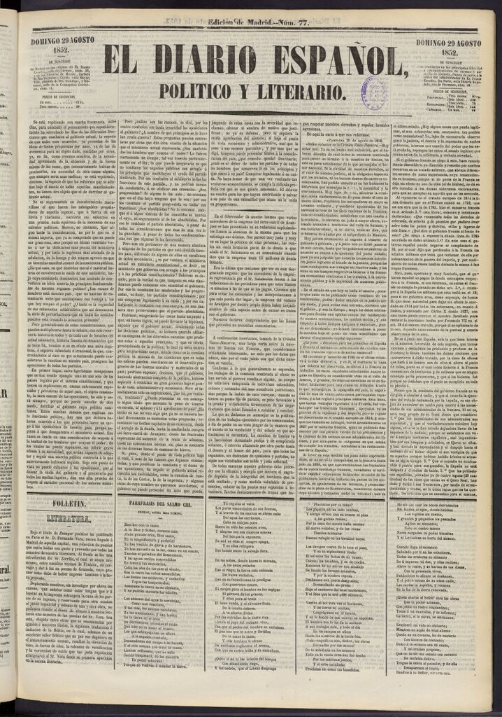 Miniatura de El Diario Español Político y Literario del 29 de agosto de 1852, nº 77