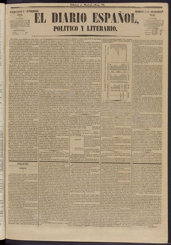Miniatura de El Diario Español Político y Literario del 1 de septiembre de 1852, nº 79