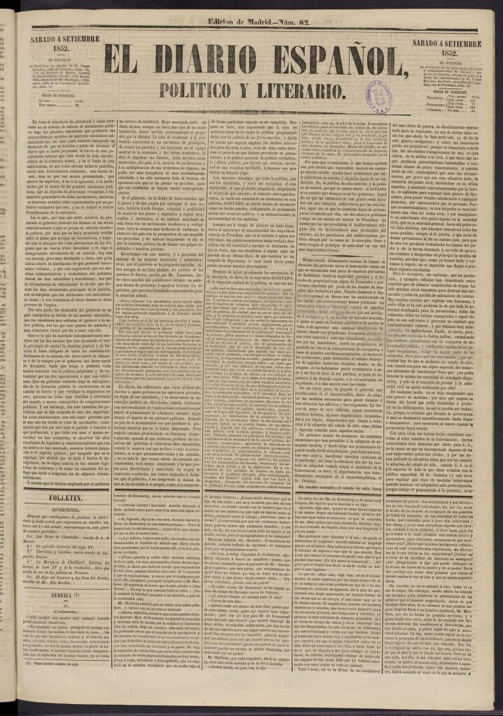 Miniatura de El Diario Español Político y Literario del 4 de septiembre de 1852, nº 82