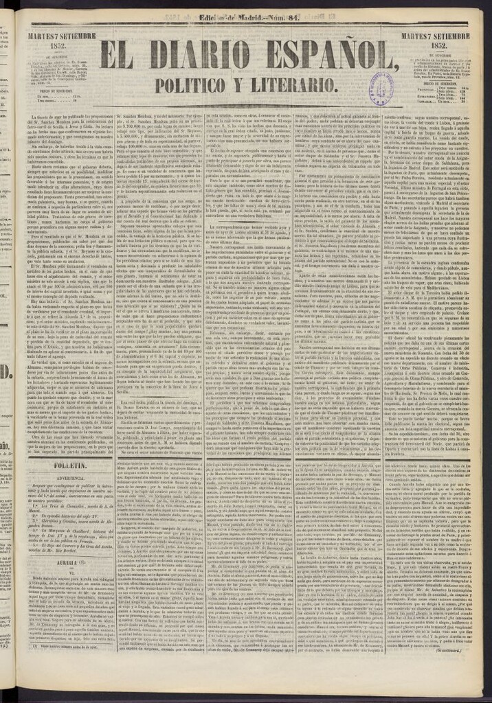 Miniatura de El Diario Español Político y Literario del 7 de septiembre de 1852, nº 84