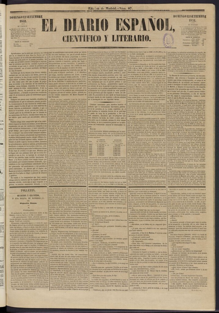 Miniatura de El Diario Español Político y Literario del 12 de septiembre de 1852, nº 87