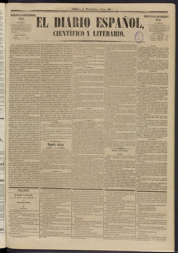 Miniatura de El Diario Español Político y Literario del 14 de septiembre de 1852, nº 89