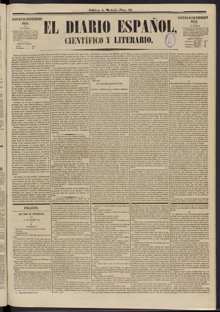 Miniatura de El Diario Español Político y Literario del 16 de septiembre de 1852, nº 91