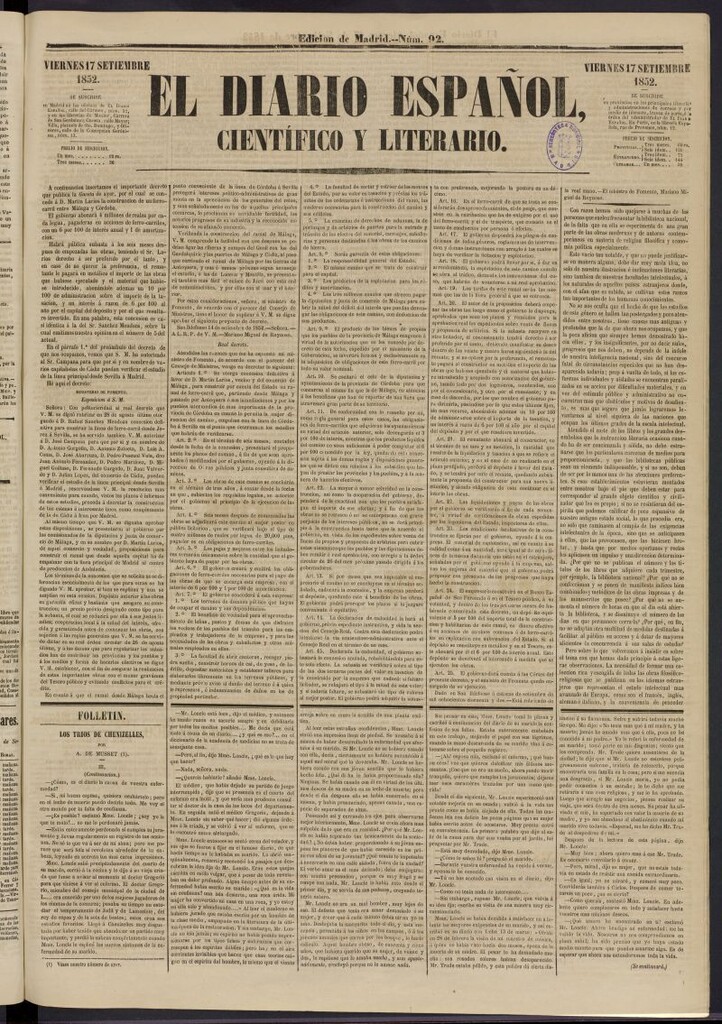 Miniatura de El Diario Español Político y Literario del 17 de septiembre de 1852, nº 92