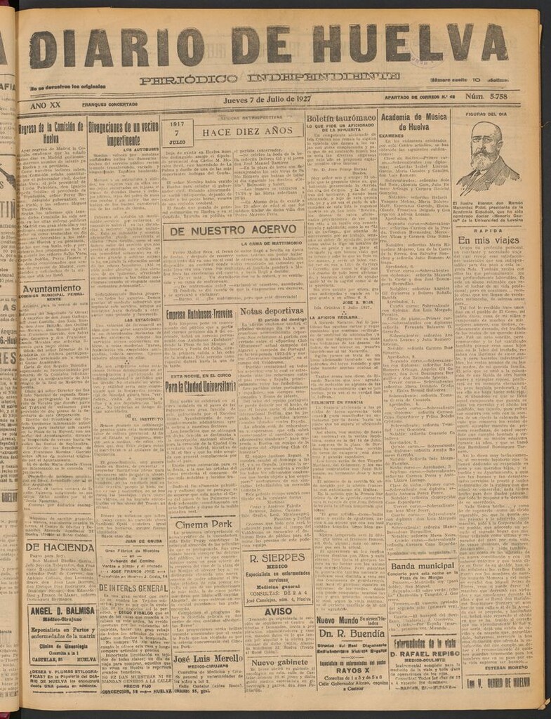 Miniatura de Diario de Huelva : periódico independiente del 7 de julio de 1927