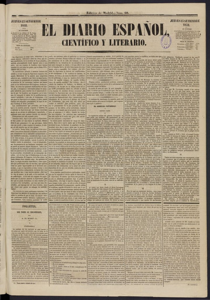 Miniatura de El Diario Español Político y Literario del 23 de septiembre de 1852, nº 98