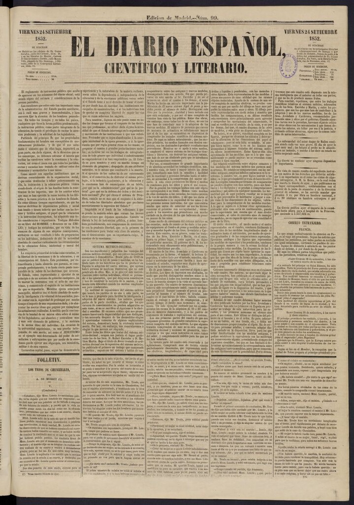 Miniatura de El Diario Español Político y Literario del 24 de septiembre de 1852, nº 99
