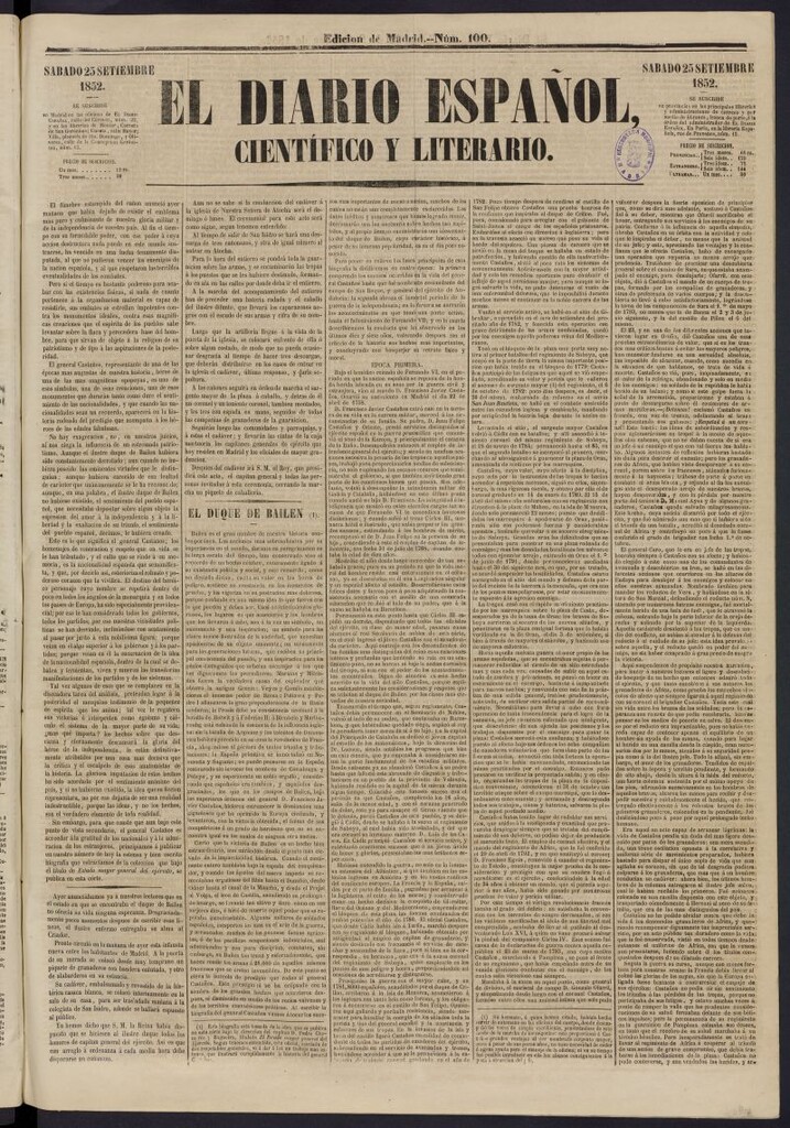 Miniatura de El Diario Español Político y Literario del 25 de septiembre de 1852, nº 100