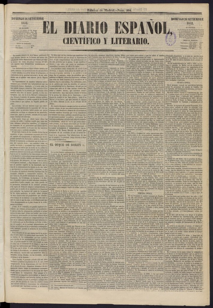 Miniatura de El Diario Español Político y Literario del 26 de septiembre de 1852, nº 101