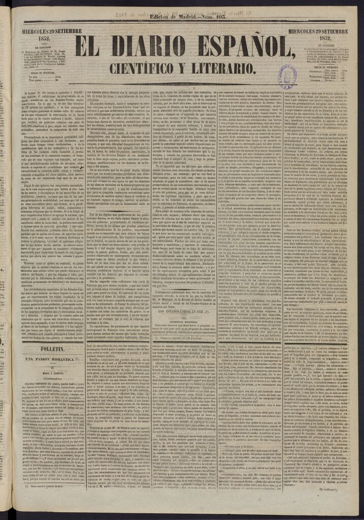 Miniatura de El Diario Español Político y Literario del 29 de septiembre de 1852, nº 103