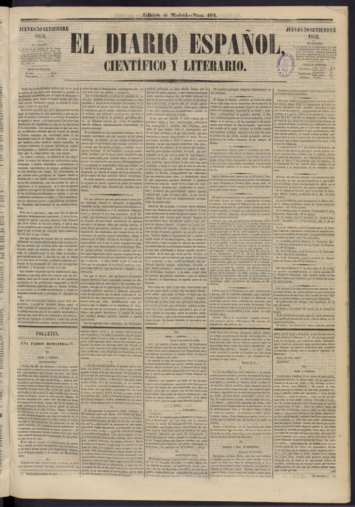 Miniatura de El Diario Español Político y Literario del 30 de septiembre de 1852, nº 104