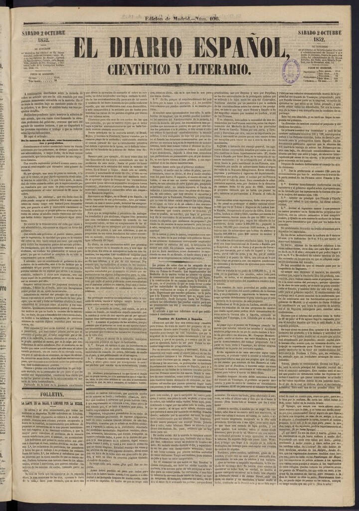 Miniatura de El Diario Español Político y Literario del 2 de octubre de 1852, nº 106