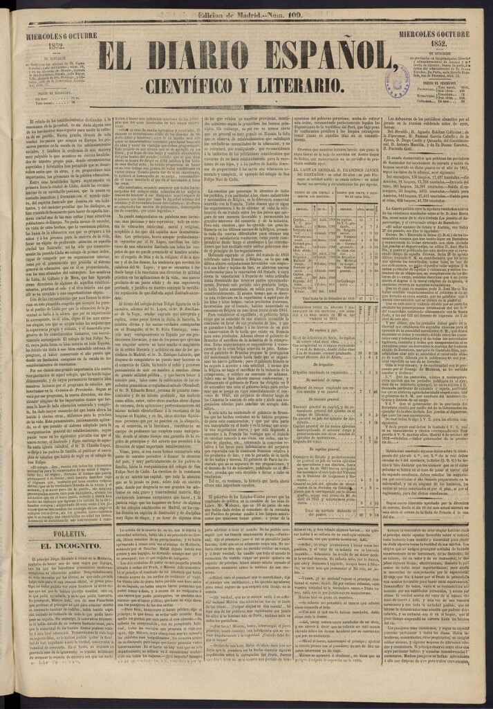 Miniatura de El Diario Español Político y Literario del 6 de octubre de 1852, nº 109