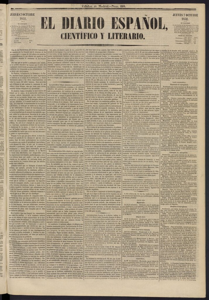 Miniatura de El Diario Español Político y Literario del 7 de octubre de 1852, nº 110