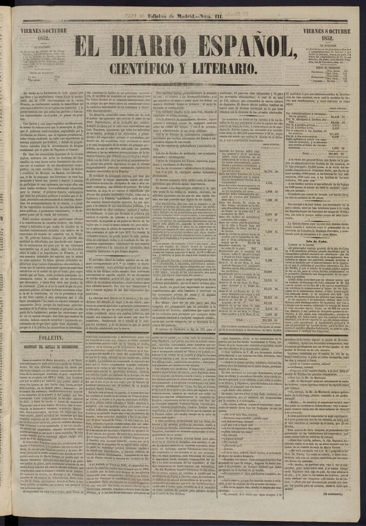 Miniatura de El Diario Español Político y Literario del 8 de octubre de 1852, nº 111
