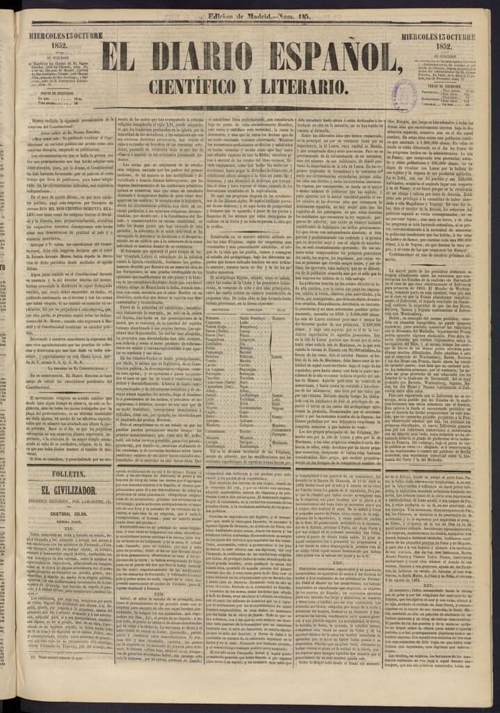 Miniatura de El Diario Español Político y Literario del 13 de octubre de 1852, nº 115