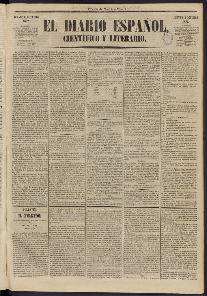 Miniatura de El Diario Español Político y Literario del 14 de octubre de 1852, nº 116