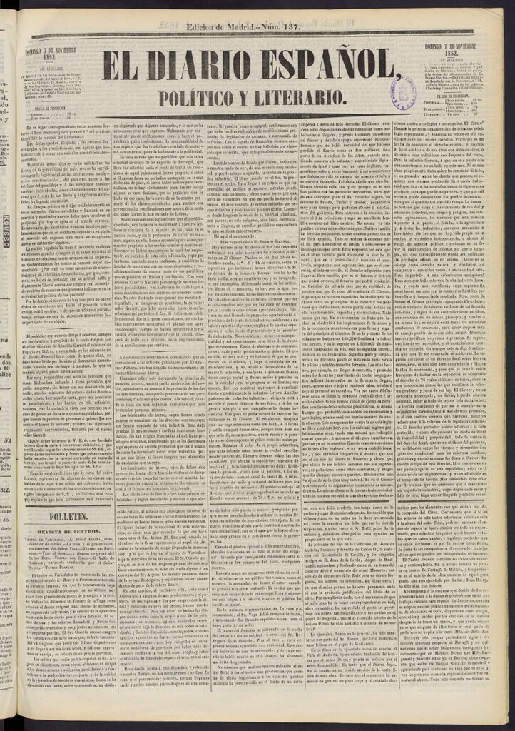 Miniatura de El Diario Español Político y Literario del 7 de noviembre de 1852, nº 137