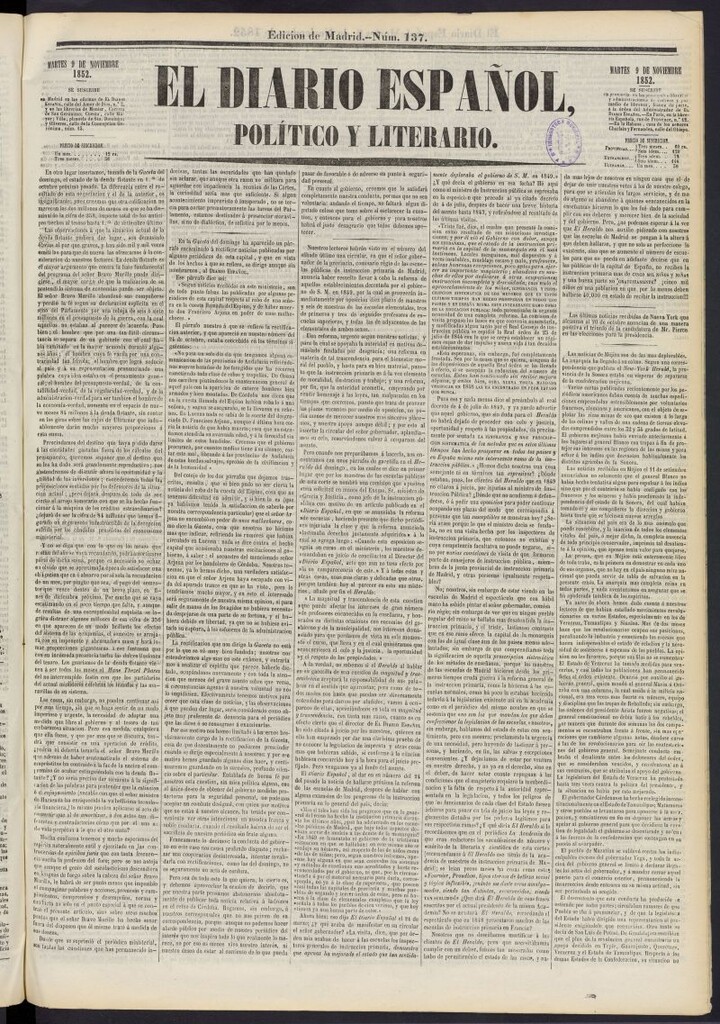 Miniatura de El Diario Español Político y Literario del 9 de noviembre de 1852, nº 137