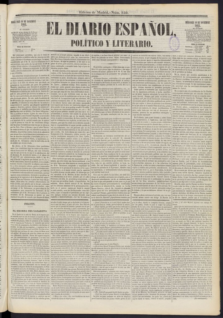 Miniatura de El Diario Español Político y Literario del 10 de noviembre de 1852, nº 139
