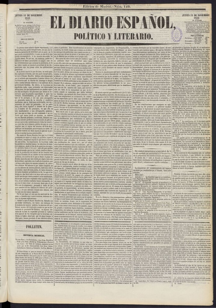 Miniatura de El Diario Español Político y Literario del 11 de noviembre de 1852, nº 140