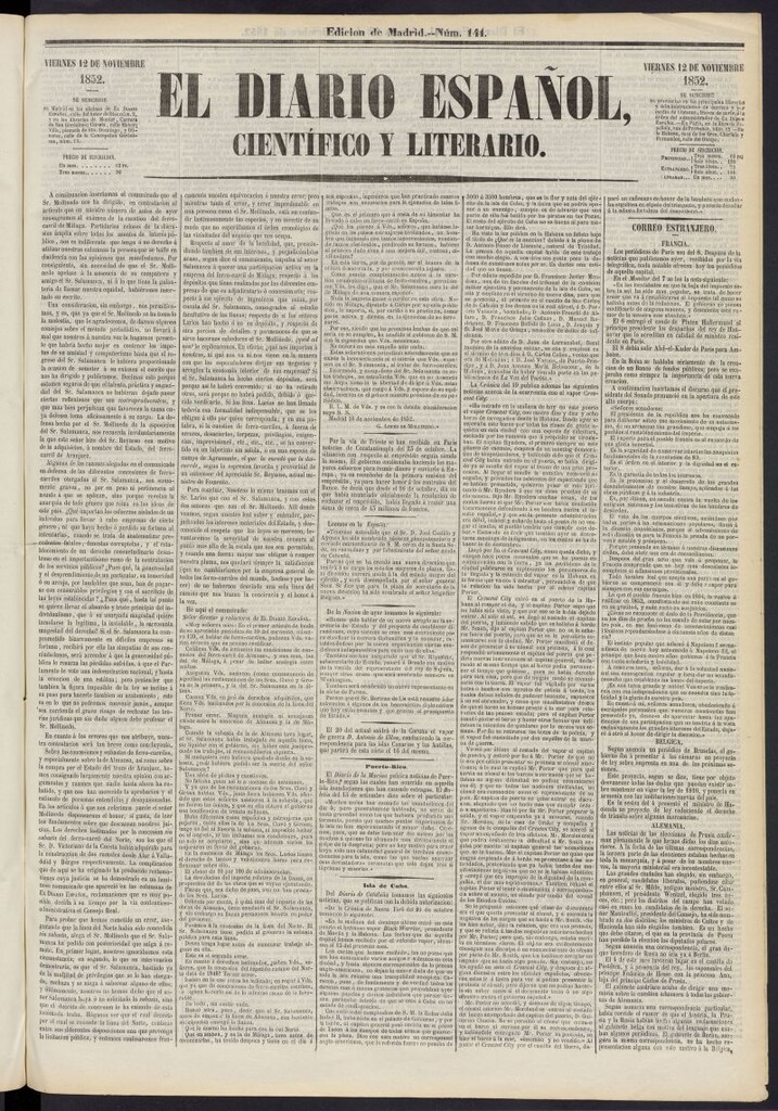 Miniatura de El Diario Español Político y Literario del 12 de noviembre de 1852, nº 141