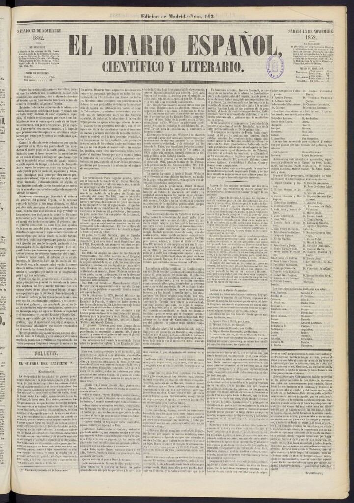 Miniatura de El Diario Español Político y Literario del 13 de noviembre de 1852, nº 142