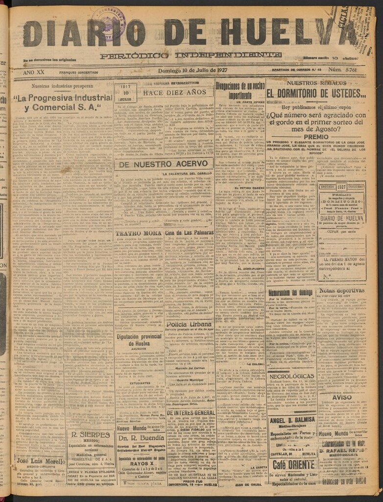Miniatura de Diario de Huelva : periódico independiente del 10 de julio de 1927