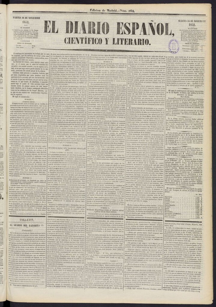Miniatura de El Diario Español Político y Literario del 16 de noviembre de 1852, nº 144