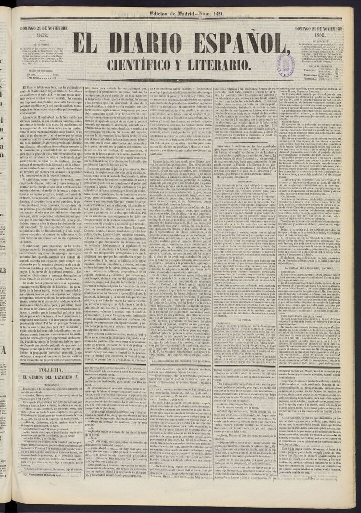 Miniatura de El Diario Español Político y Literario del 21 de noviembre de 1852, nº 149