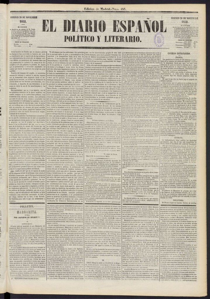 Miniatura de El Diario Español Político y Literario del 26 de noviembre de 1852, nº 153