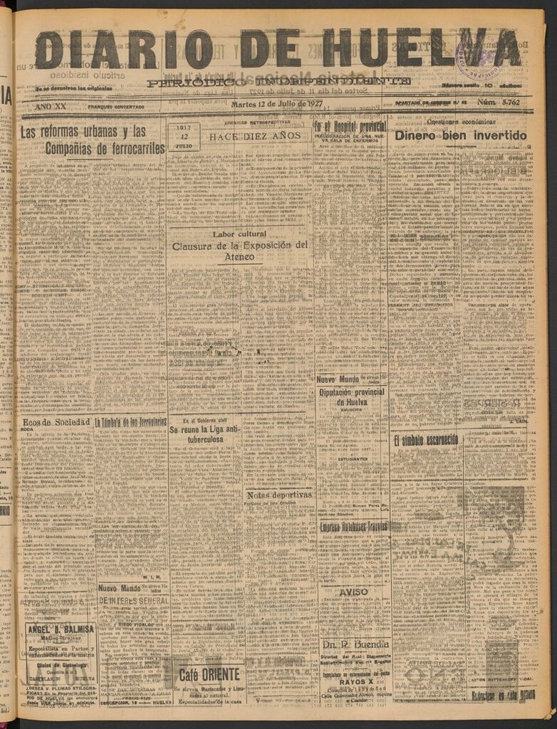 Miniatura de Diario de Huelva : periódico independiente del 12 de julio de 1927