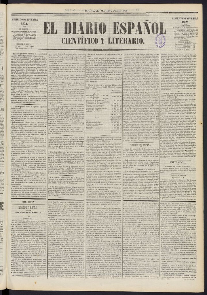 Miniatura de El Diario Español Político y Literario del 30 de noviembre de 1852, nº 156