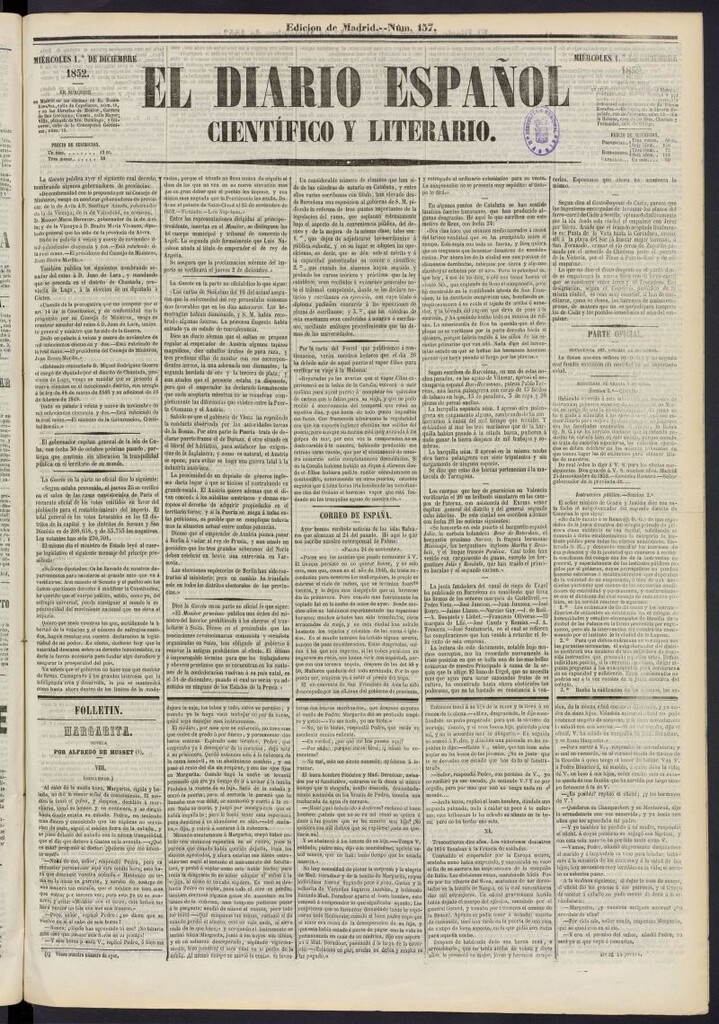 Miniatura de El Diario Español Político y Literario del 1 de diciembre de 1852, nº 157
