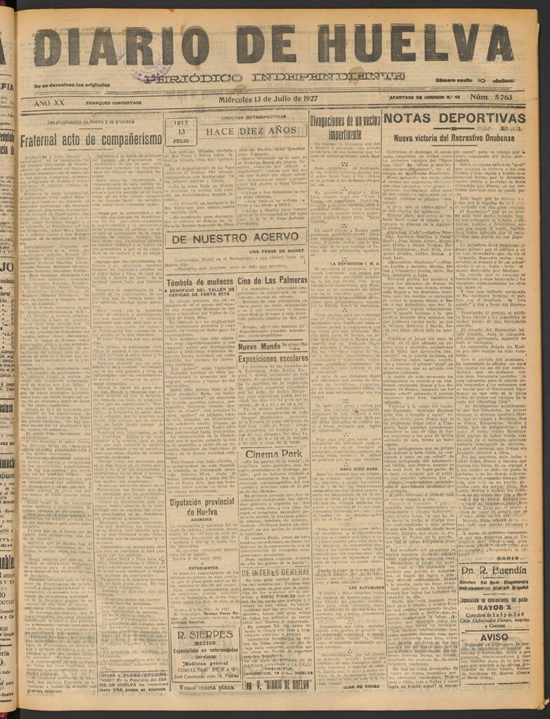 Miniatura de Diario de Huelva : periódico independiente del 13 de julio de 1927