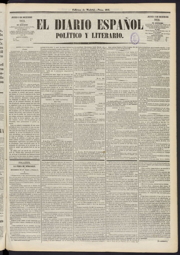 Miniatura de El Diario Español Político y Literario del 9 de diciembre de 1852, nº 164