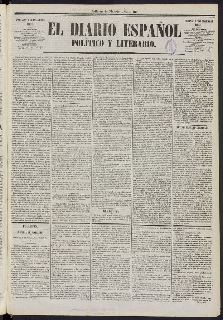 Miniatura de El Diario Español Político y Literario del 12 de diciembre de 1852, nº 167
