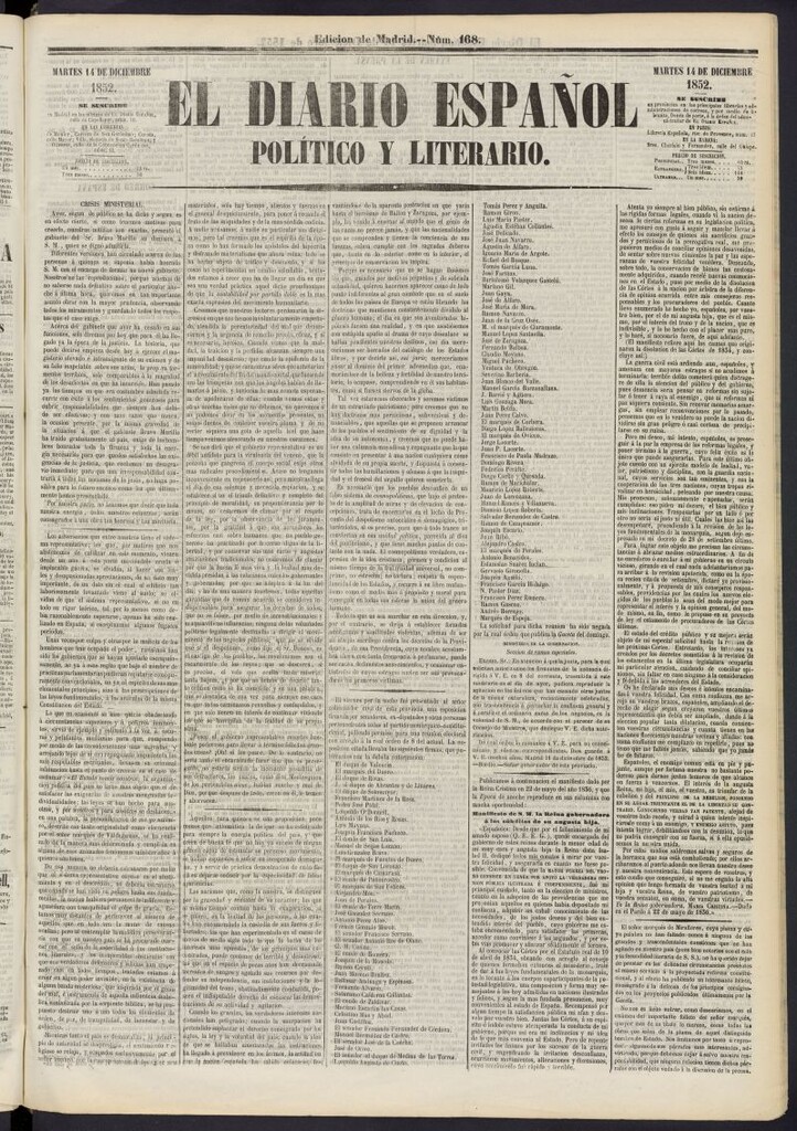 Miniatura de El Diario Español Político y Literario del 14 de diciembre de 1852, nº 168