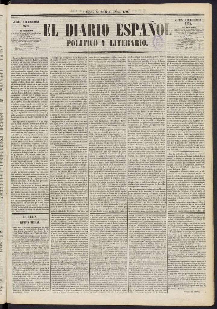 Miniatura de El Diario Español Político y Literario del 16 de diciembre de 1852, nº 170