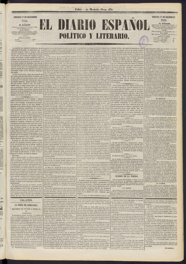 Miniatura de El Diario Español Político y Literario del 17 de diciembre de 1852, nº 171