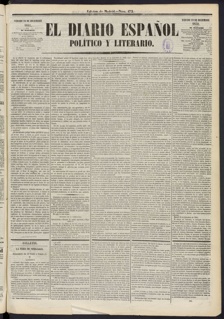 Miniatura de El Diario Español Político y Literario del 18 de diciembre de 1852, nº 172