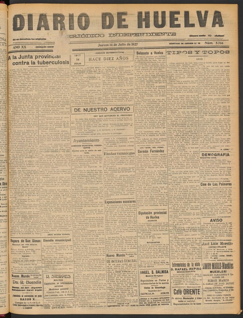 Miniatura de Diario de Huelva : periódico independiente del 14 de julio de 1927