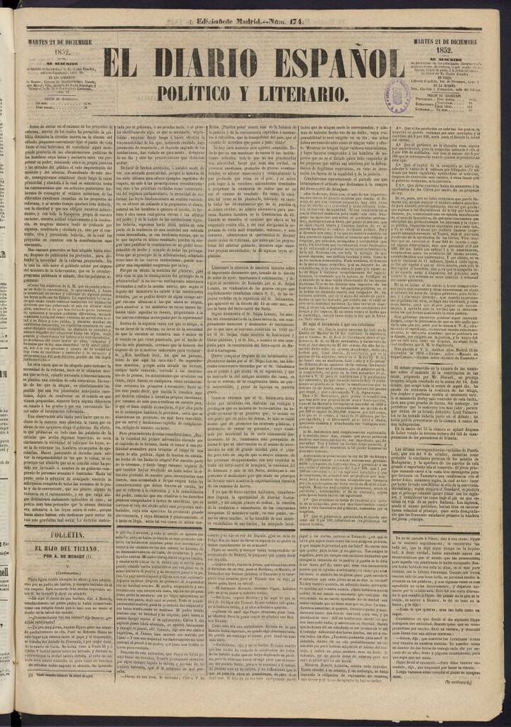 Miniatura de El Diario Español Político y Literario del 21 de diciembre de 1852, nº 174