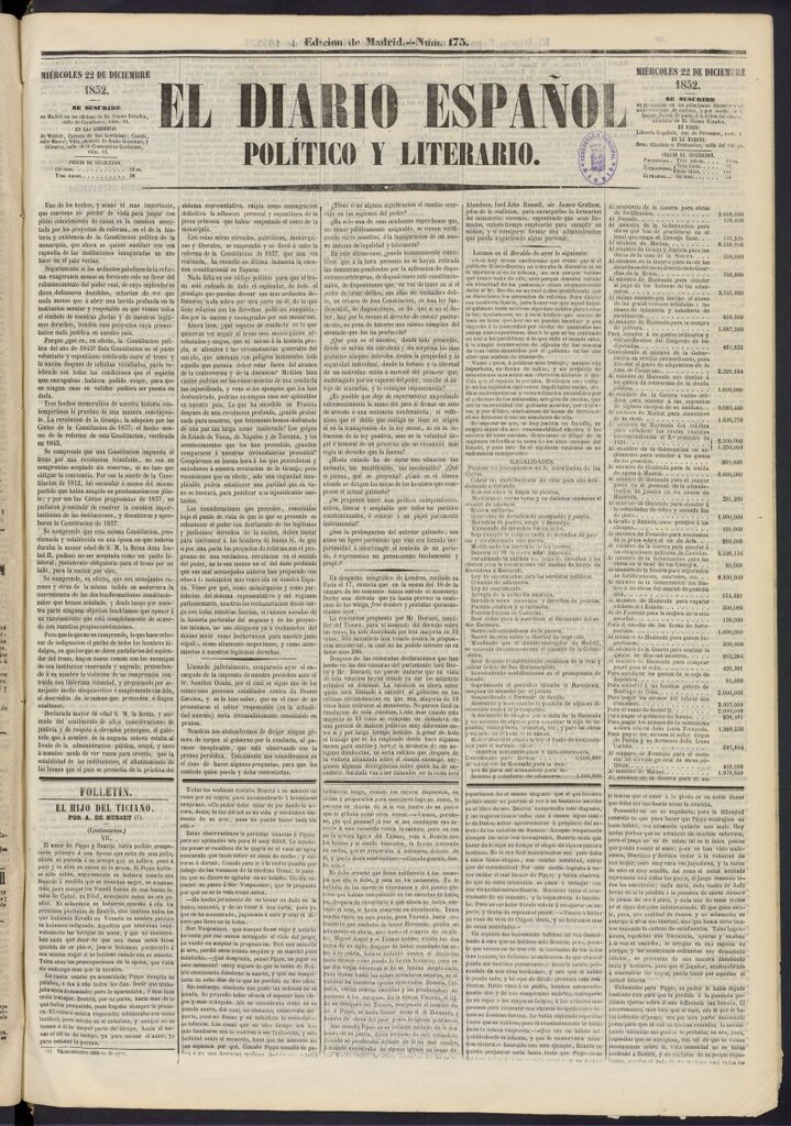 Miniatura de El Diario Español Político y Literario del 22 de diciembre de 1852, nº 175